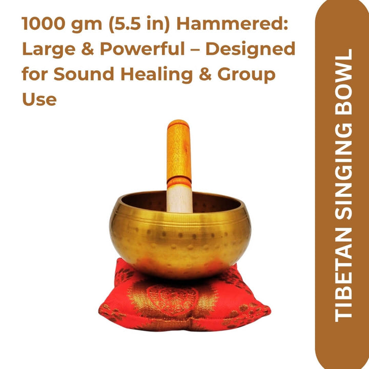 Singing sound bowl with red cushion and striker, front view