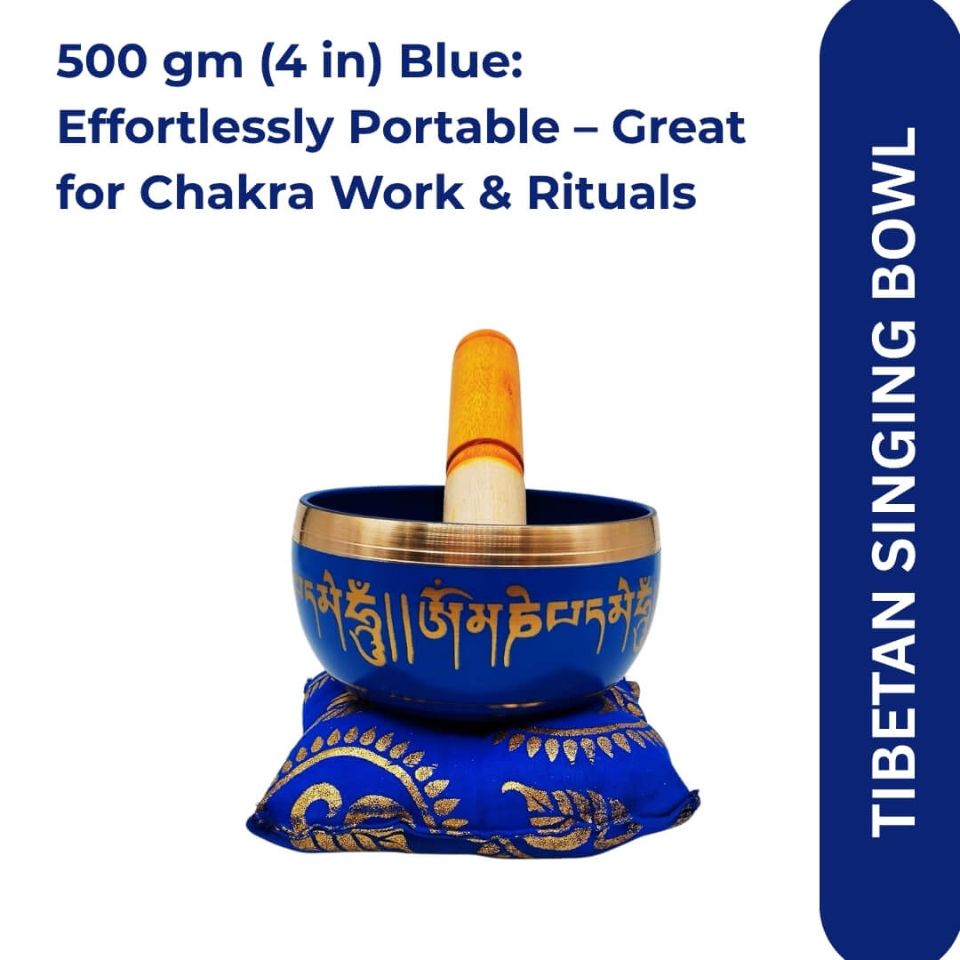 Tibetan singing bowl with blue cushion and striker, front view