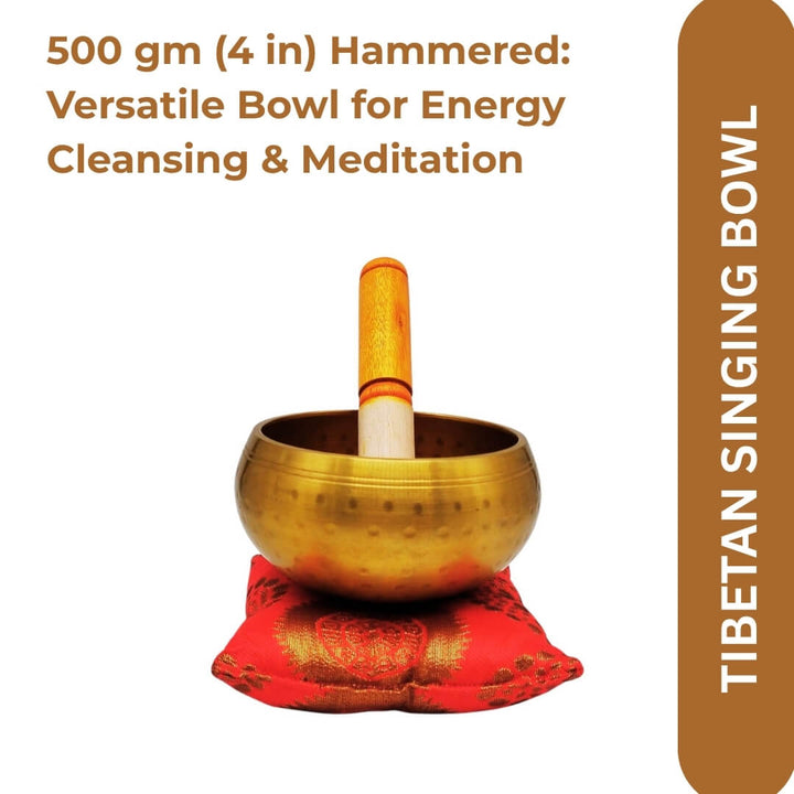 Singing sound bowl with red cushion and striker, front view