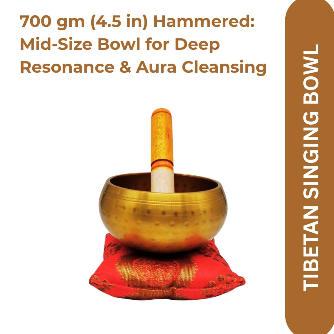 Singing sound bowl with red cushion and striker, front view