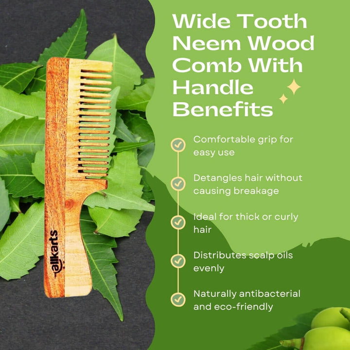 Wide Tooth Neem Wood Comb with Handle